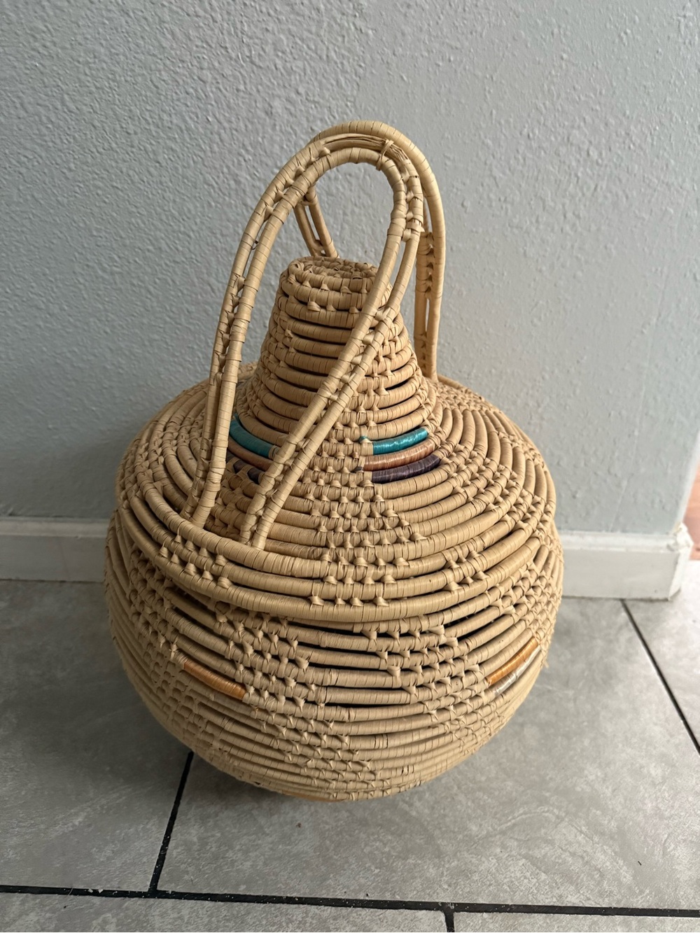 Handwoven Natural Rattan Decorative Basket- Turquoise an Brown Accents - 20”x18”